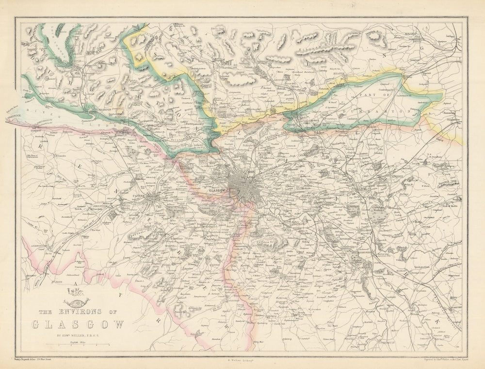 GLASGOW & ENVIRONS. Paisley Dumbarton Airdrie. Scotland. WELLER 1863 old map