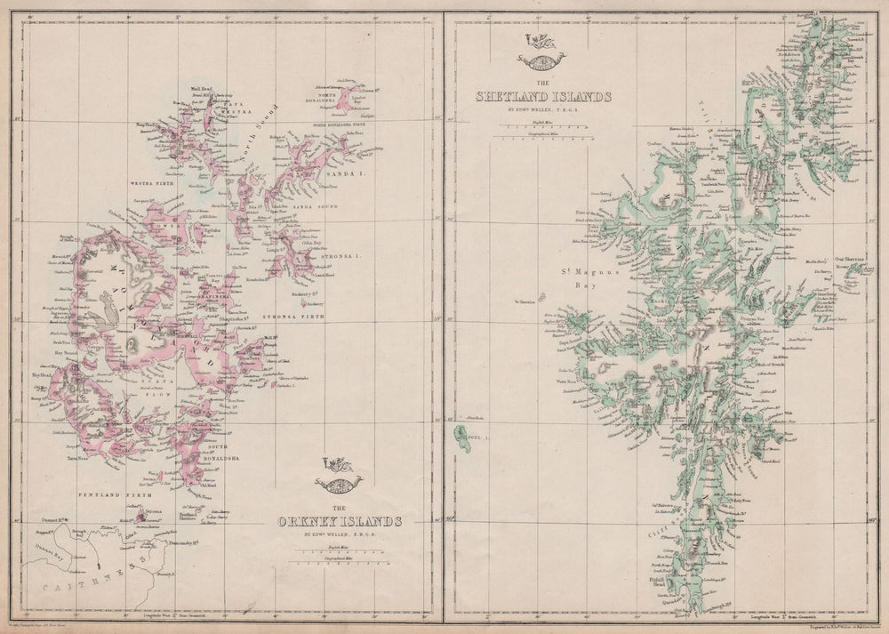 THE ORKNEY & SHETLAND ISLANDS. Scotland. Edward WELLER. Dispatch atlas 1863 map