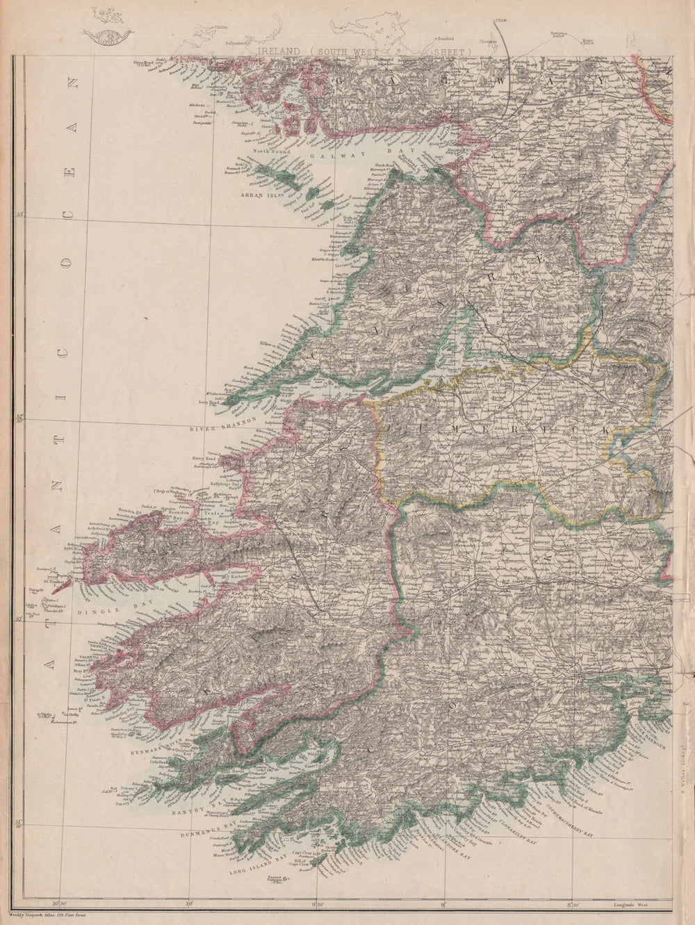IRELAND SOUTH WEST. Munster Clare Limerick Kerry Cork. Railways.WELLER 1863 map