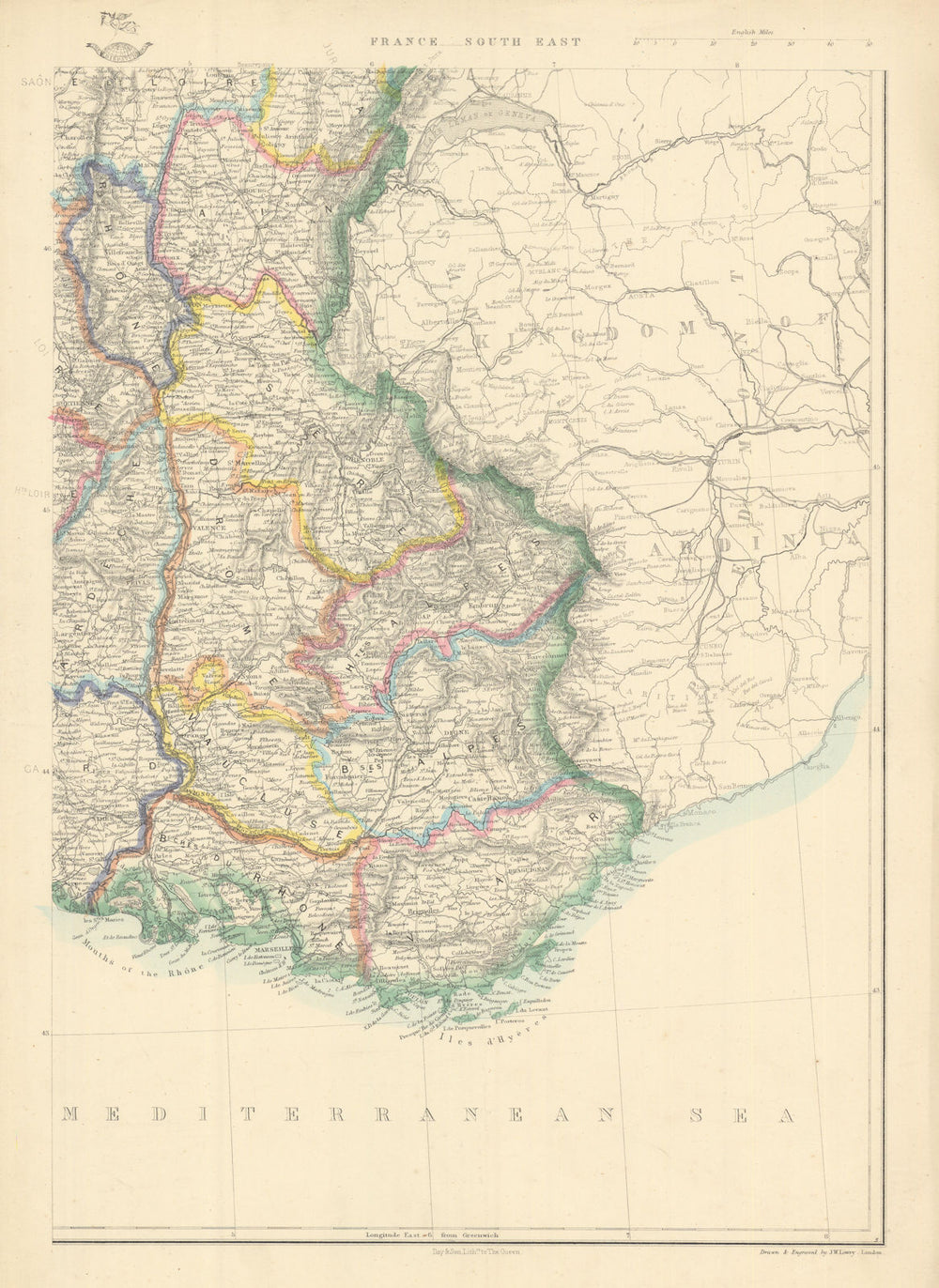 FRANCE SOUTH EAST before annexation of Savoie & Comte de Nice. JW LOWRY 1863 map