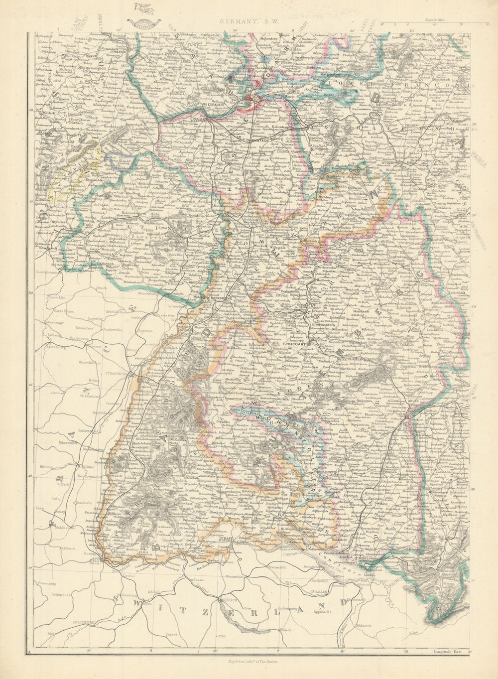 GERMANY SOUTH WEST. Baden Wurtemberg Palatinate Hesse. JW LOWRY 1863 old map