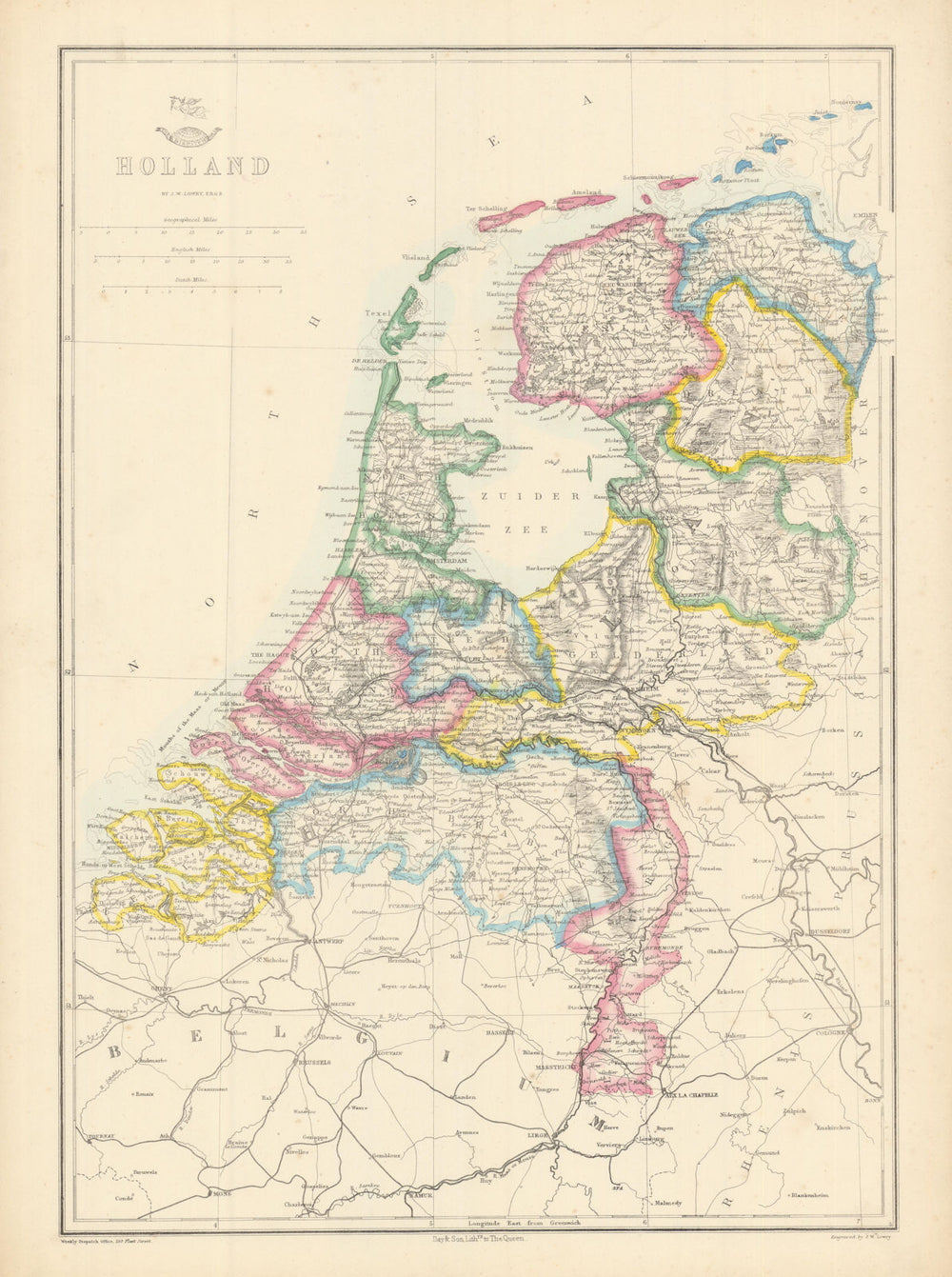 'Holland'. Netherlands in provinces. JW LOWRY for the Dispatch atlas 1863 map