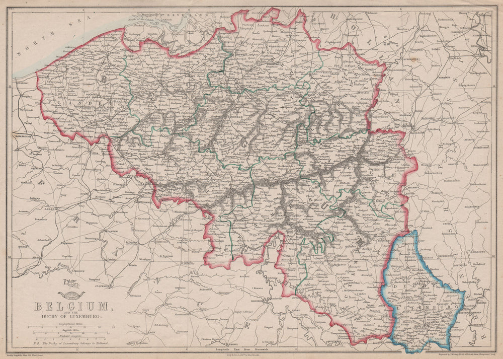 BELGIUM & LUXEMBOURG. Provinces rivers railways. JW LOWRY. Dispatch 1863 map