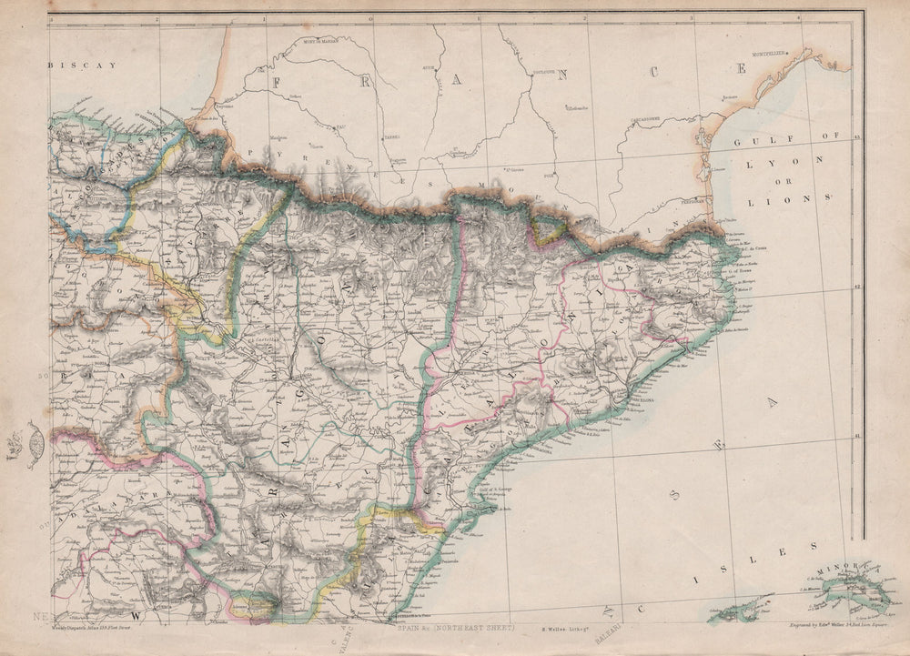 SPAIN NE. Catalonia Aragon Navarre. Barcelona-Zaragoza railway. WELLER 1863 map