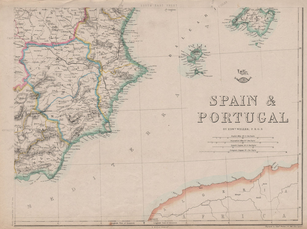 SPAIN SE. Alicante Valencia Murcia Albacete Ibiza Majorca. WELLER 1863 old map