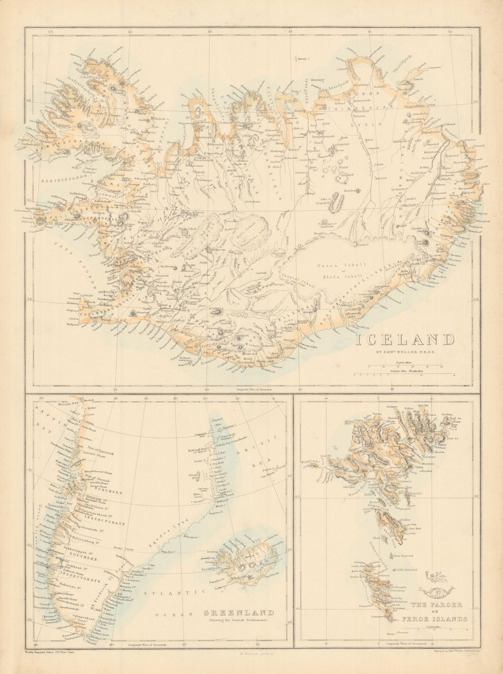 ICELAND GREENLAND FAROE ISLANDS. Färöer. Danish settlements. WELLER 1863 map