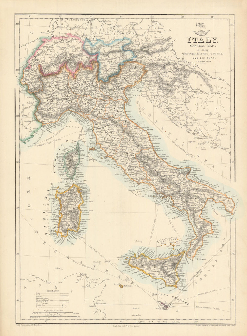 ITALY SWITZERLAND TYROL ALPS. Italian unification.DOWER.Dispatch atlas 1863 map