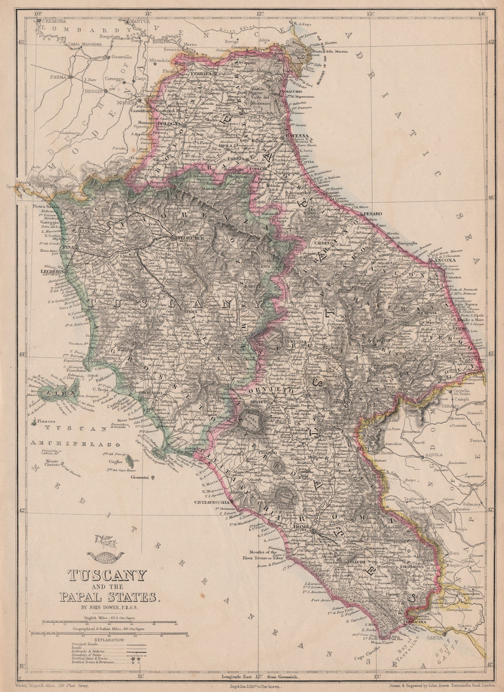 'Tuscany and the Papal States'. Italy. Shows early railways. DOWER 1863 map