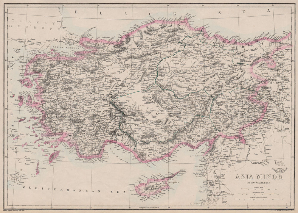 ASIA MINOR. Turkey Anatolia. Shows Smyrna/Izmir-Aydin railway. WELLER 1863 map