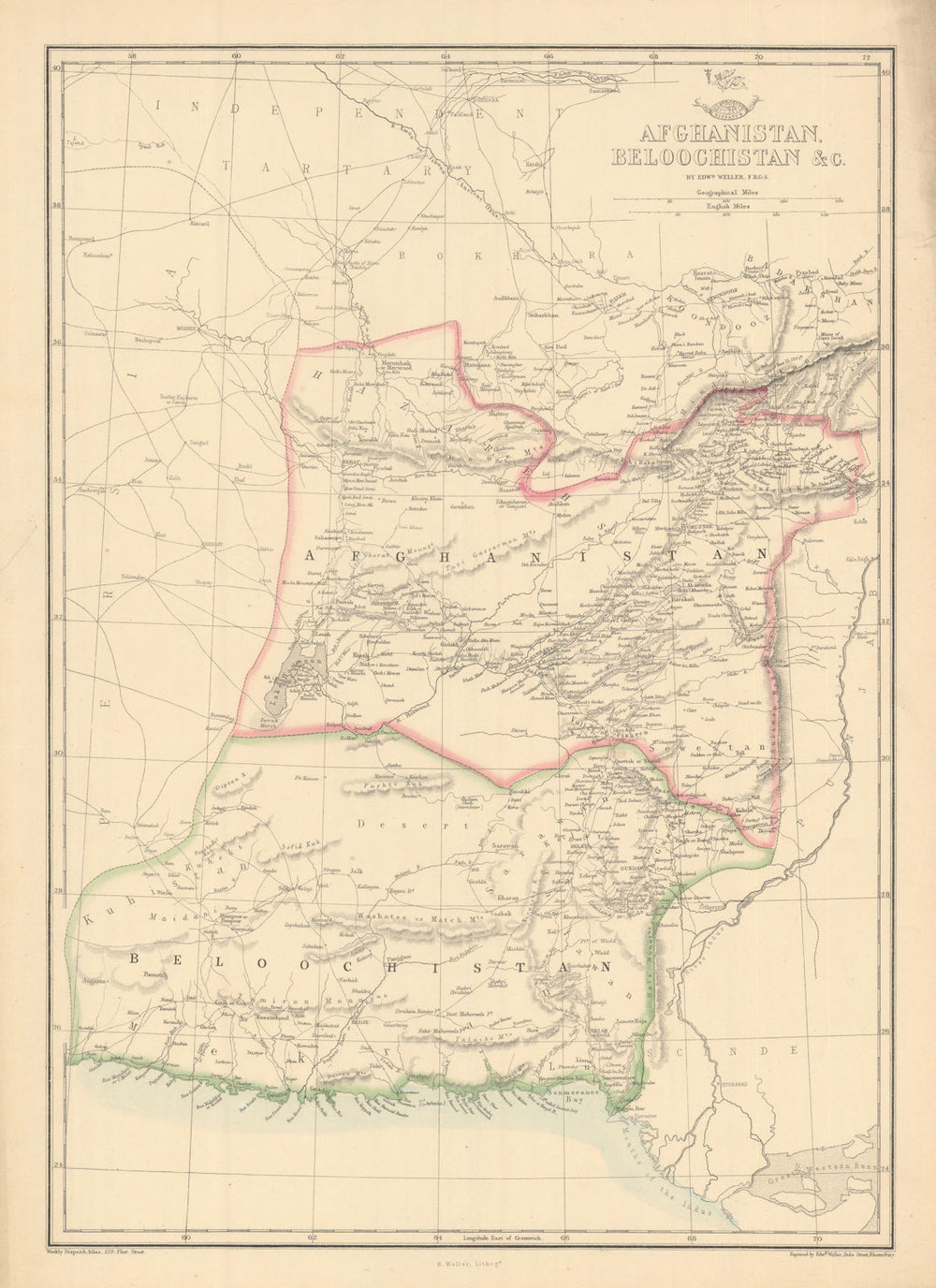 AFGHANISTAN & BELOOCHISTAN. Pakistan. Kabul Karachi Quetta. WELLER 1863 map