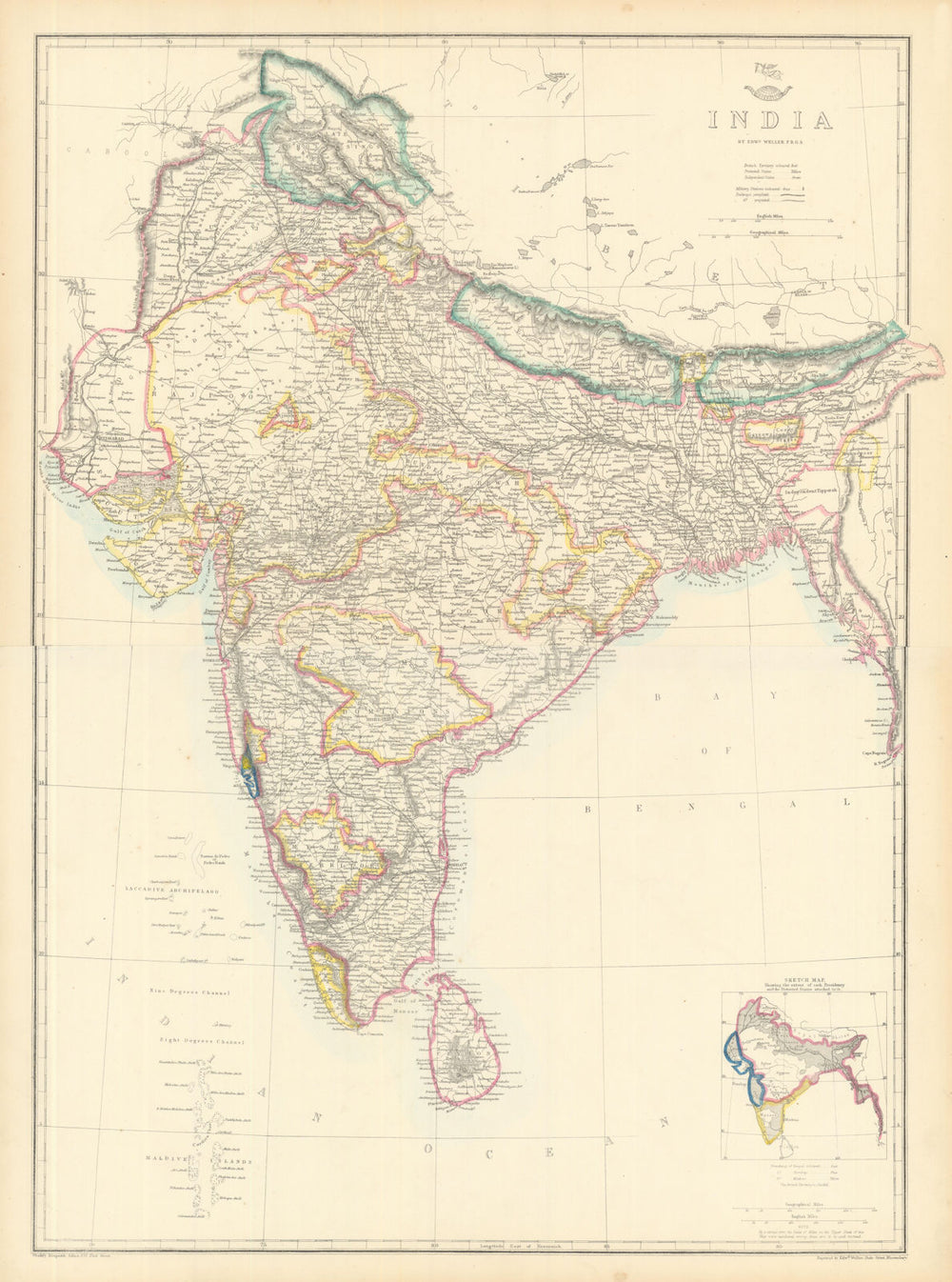 INDIA British/protected/ind states.Completed & planned railways.WELLER 1863 map