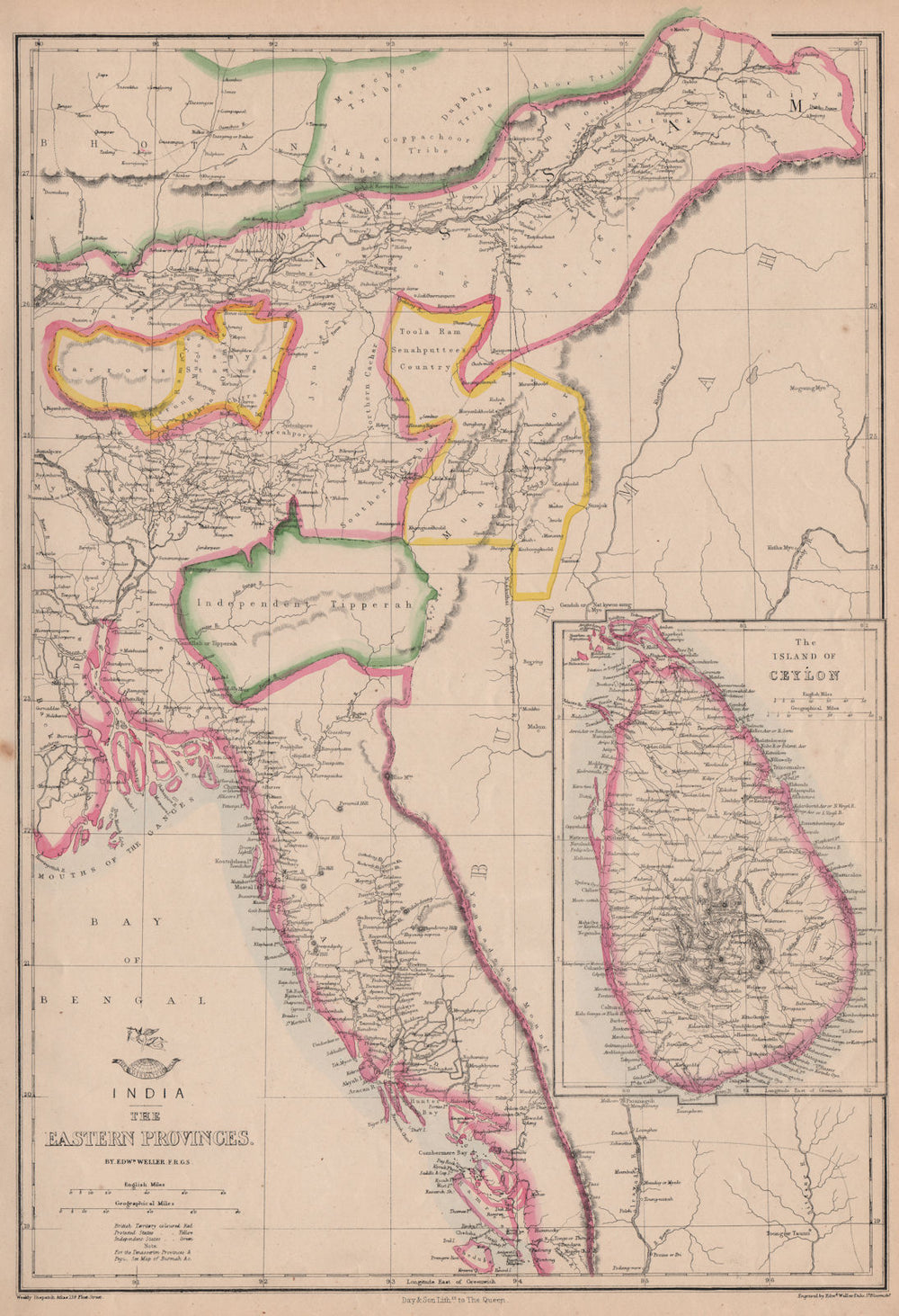 BRITISH INDIA 'Eastern Provinces'. Ceylon Burmah Tipperah. WELLER 1863 old map