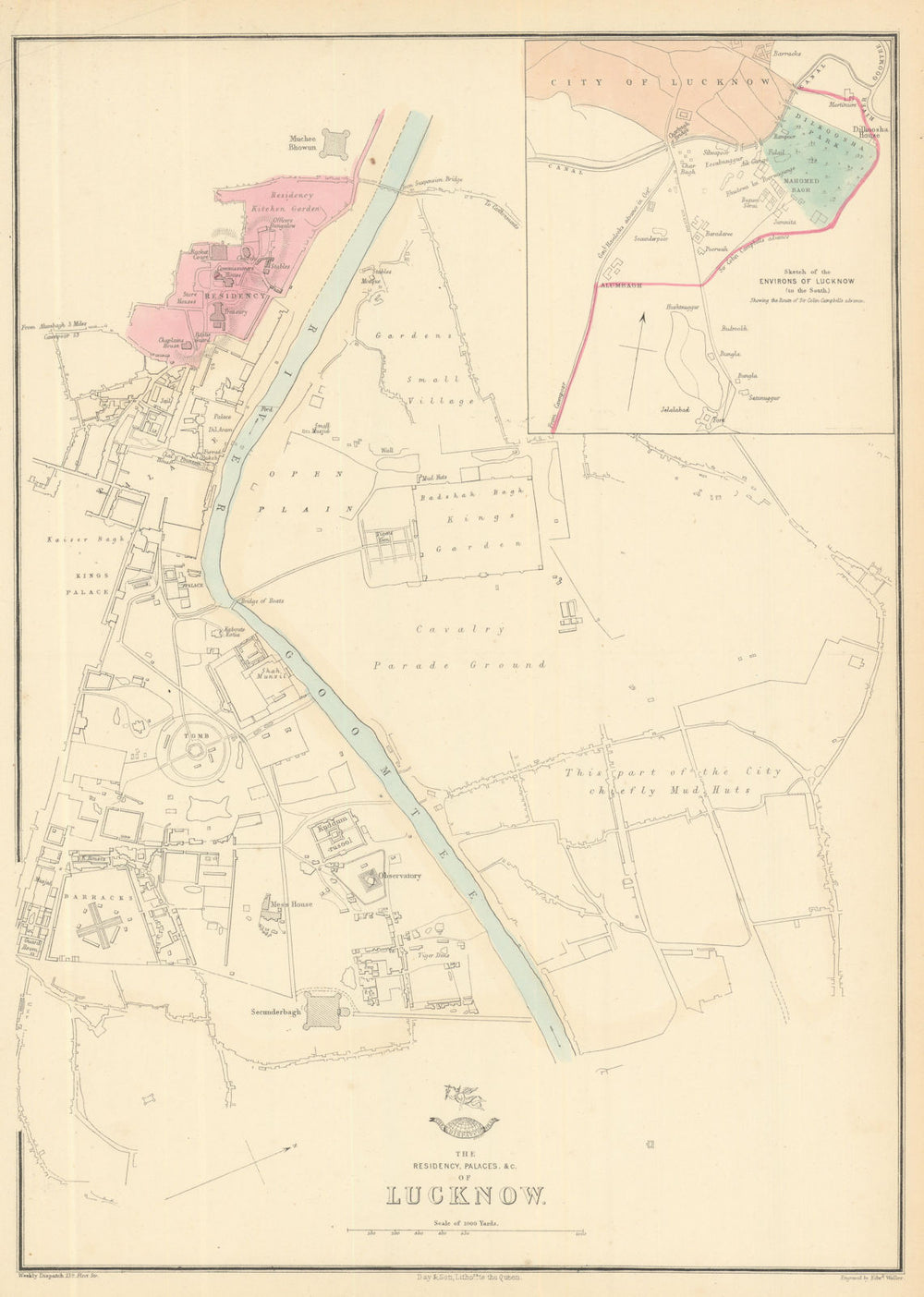 LUCKNOW RESIDENCY & PALACES. Town plan.Shows Campbell's Advance.WELLER 1863 map