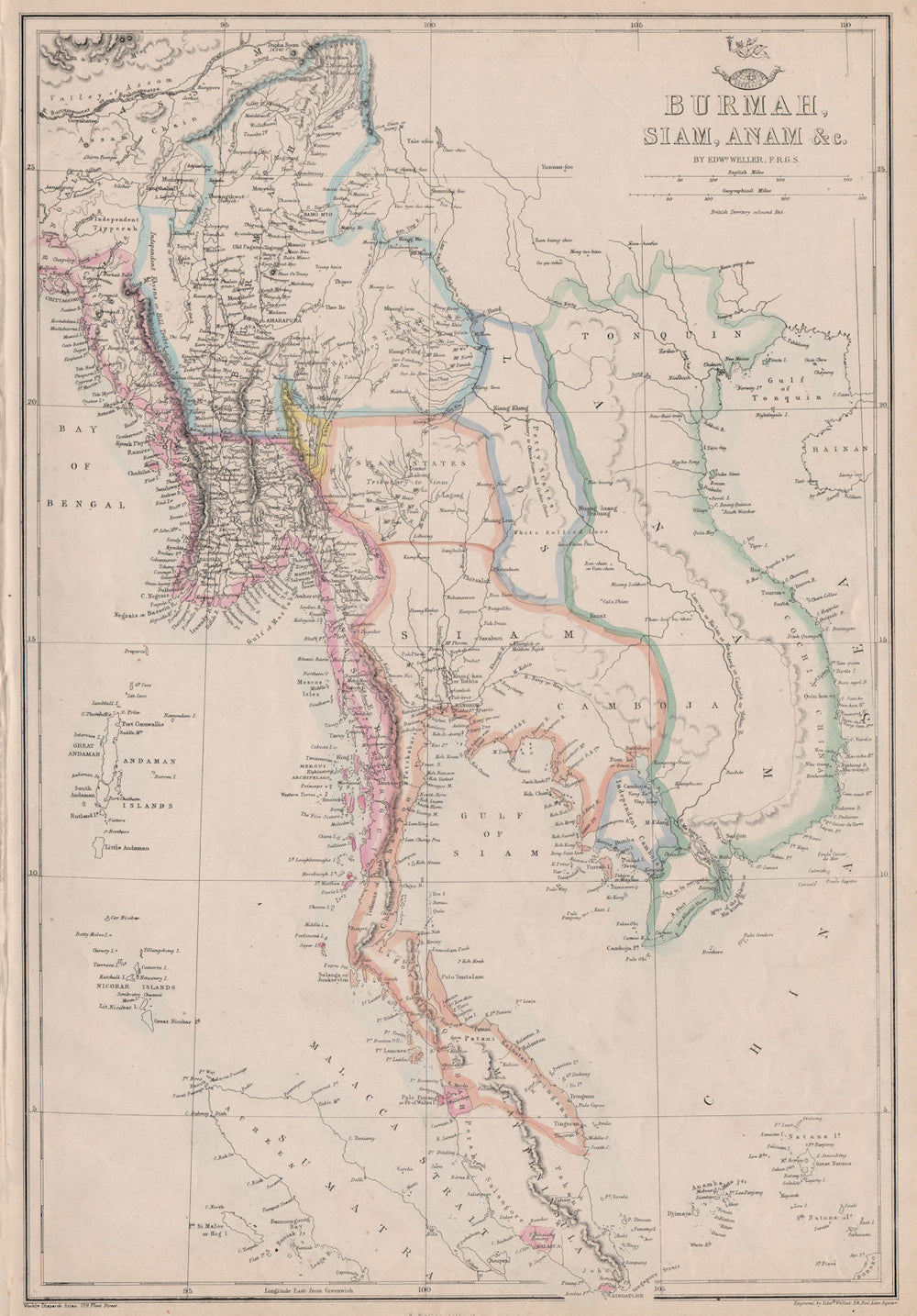 INDOCHINA. 'Burmah, Siam, Anam &c.' Singapore Penang Malacca. WELLER 1863 map