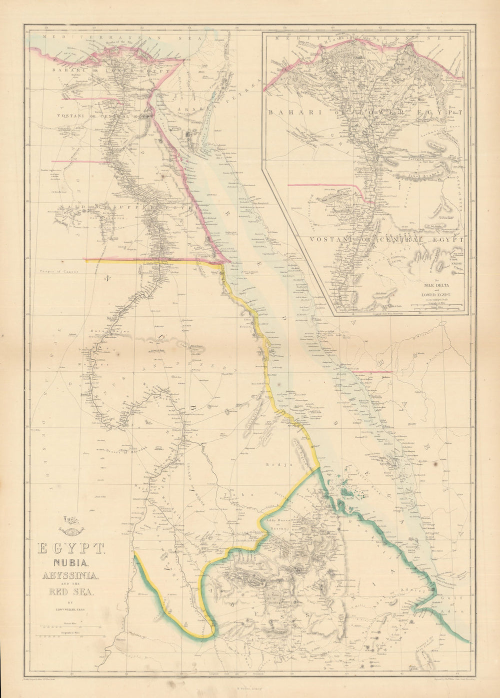 'Egypt, Nubia, Abyssinia and the Red Sea'. Nile valley & delta. WELLER 1863 map