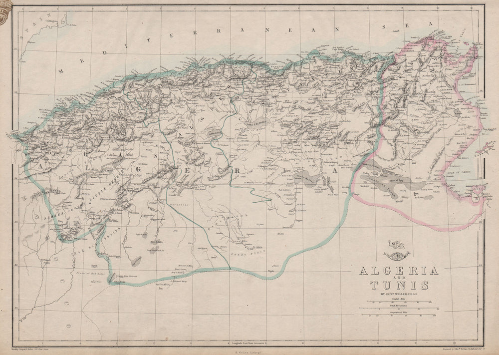NORTH AFRICA. 'Algeria and Tunis'. Tunisia. WELLER 1863 old antique map chart
