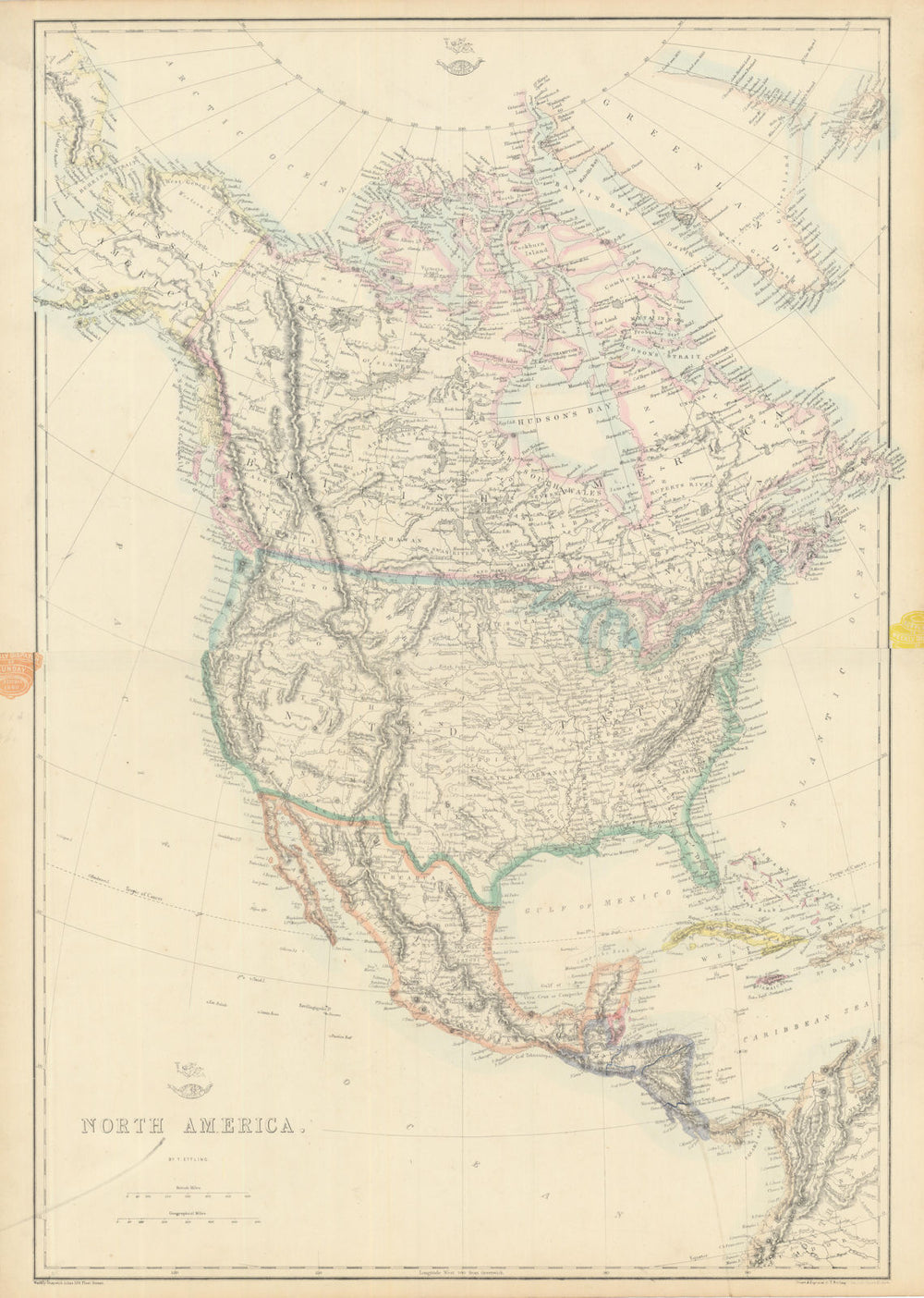 NORTH AMERICA. State borders differ from those later settled. ETTLING 1863 map