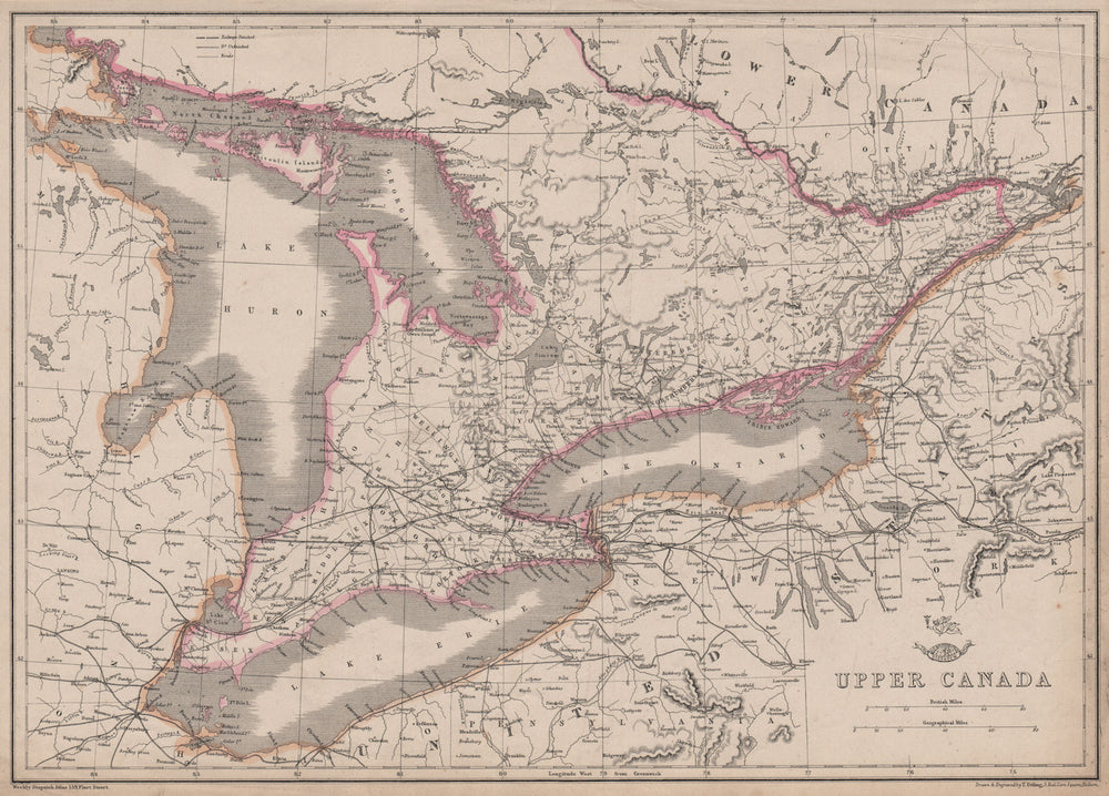 UPPER CANADA. Lakes Huron, Erie & ONTARIO. Counties. Railways. ETTLING 1863 map