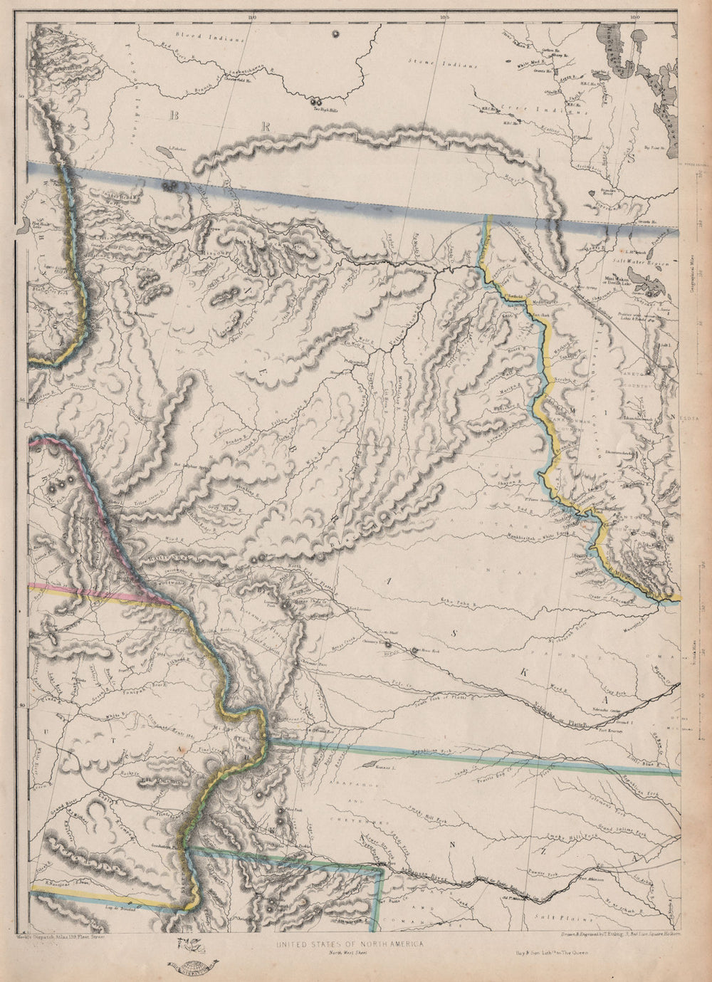 USA PLAINS Minnesota/Nebraska Territories 'Kanzas' ND SD WY MT.ETTLING 1863 map