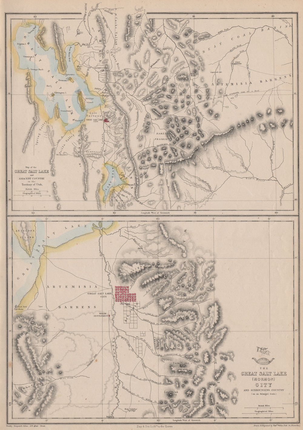 'THE GREAT SALT LAKE (MORMON) CITY'. Town plan & environs maps. WELLER 1863
