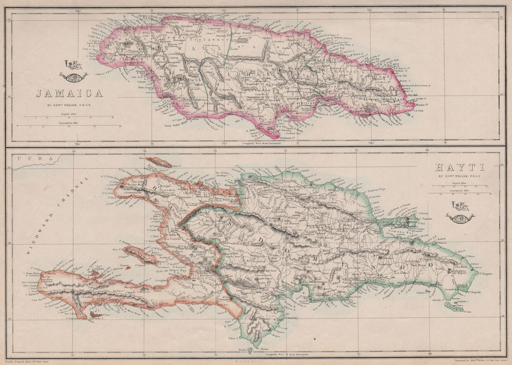 JAMAICA & HAITI. 'Hayti'. Caribbean West Indies. WELLER 1863 old antique map