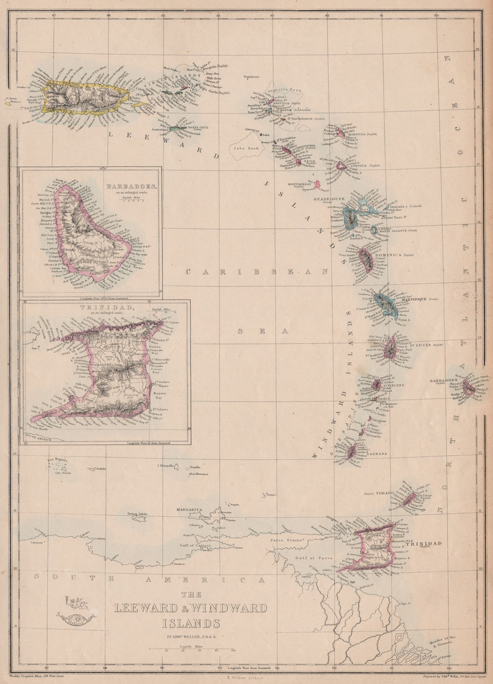 WEST INDIES 'The Leeward & Windward Islands' Barbados Trinidad. WELLER 1863 map