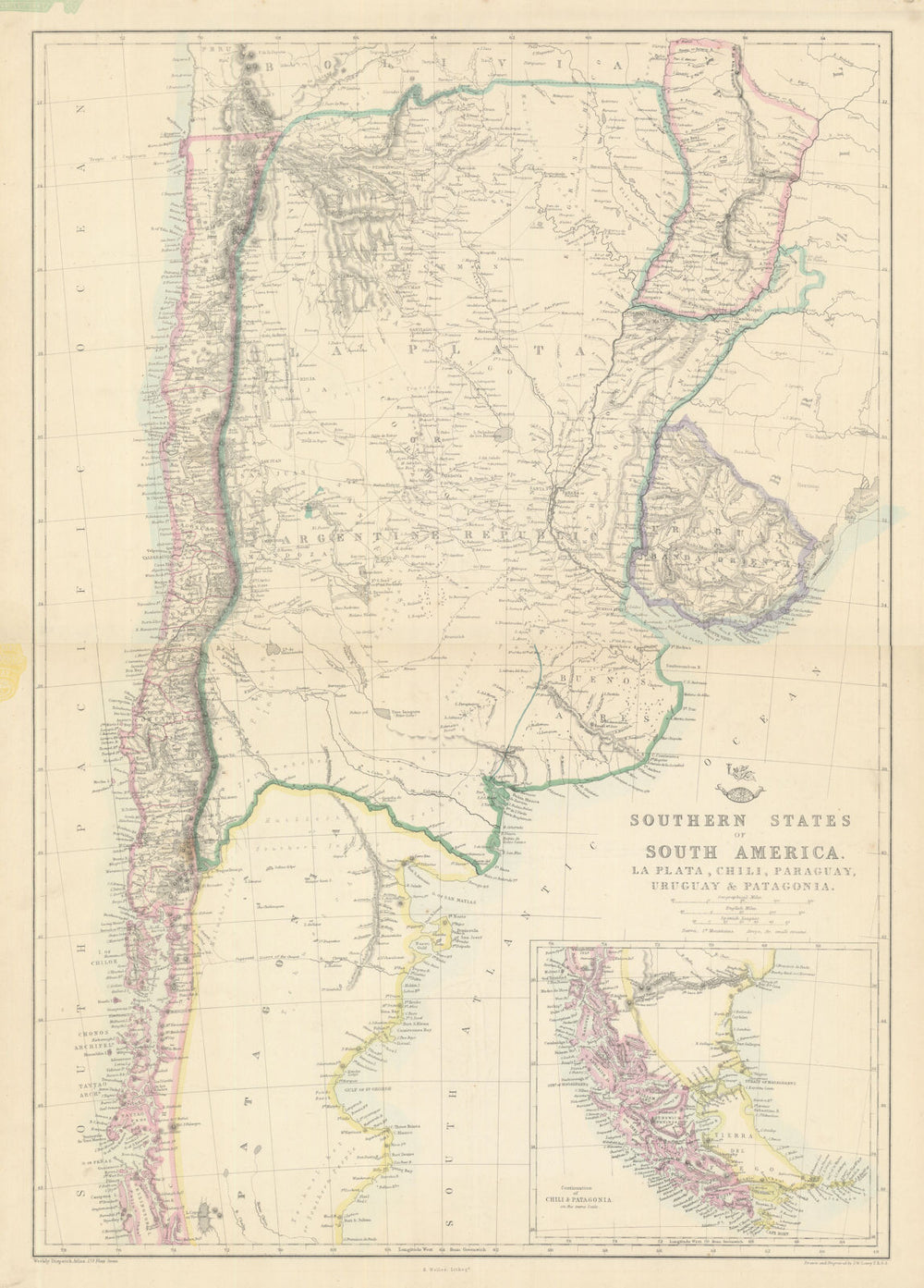 SOUTH AMERICA. 'La Plata, Chili, Paraguay, Uruguay & Patagonia'. LOWRY 1863 map