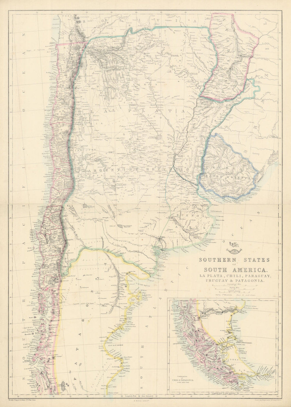SOUTH AMERICA. 'La Plata, Chili, Paraguay, Uruguay & Patagonia'. LOWRY 1863 map
