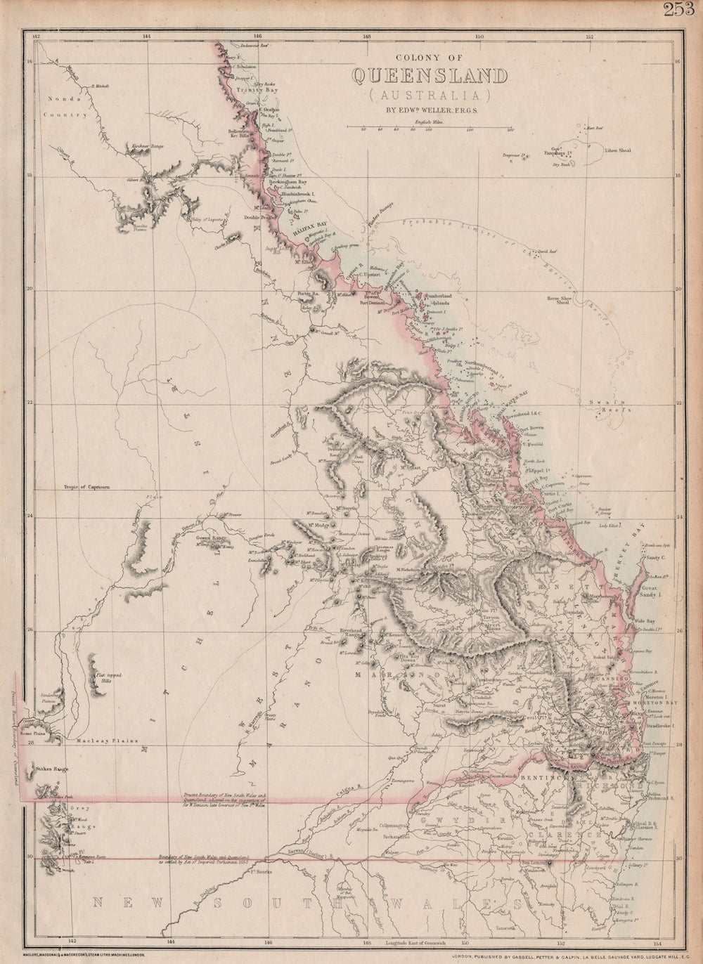 'COLONY OF QUEENSLAND (AUSTRALIA)'. Current & 1850 NSW border. WELLER 1863 map