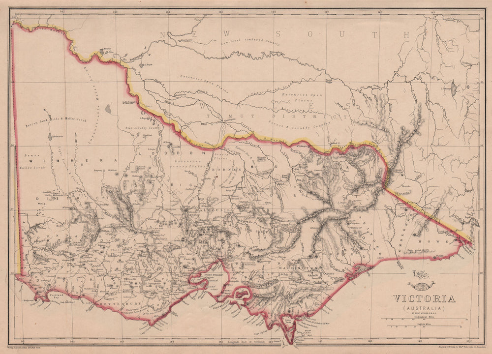 VICTORIA. Shows 1st Australian steam railway Geelong-Melbourne. WELLER 1863 map