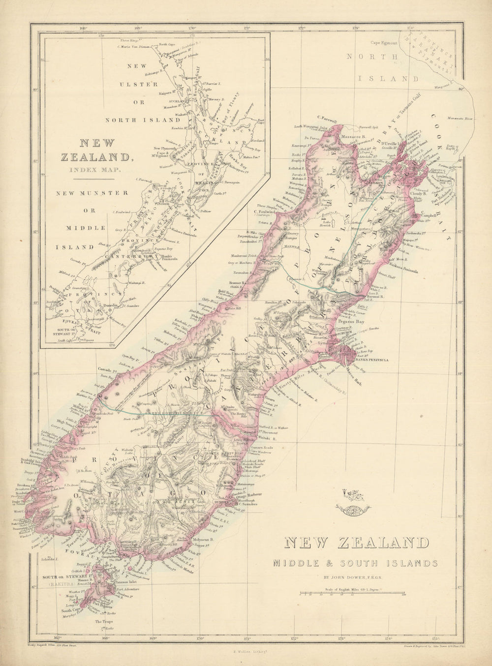 'New Zealand Middle & South Islands'. Shows 1859 provinces. DOWER 1863 old map