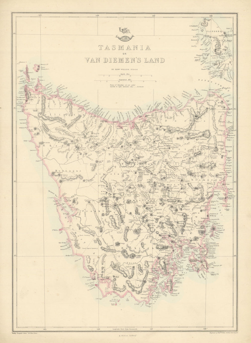 TASMANIA OR VAN DIEMEN'S LAND. Shows townships not yet settled. WELLER 1863 map