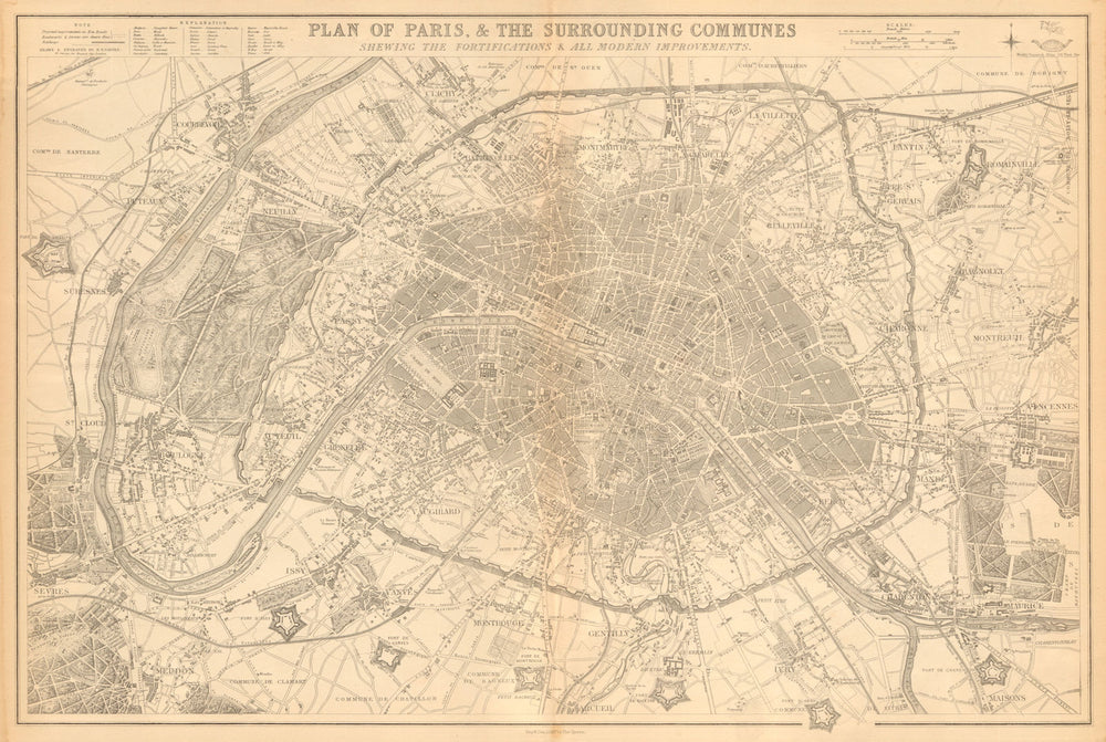 PLAN OF PARIS & SURROUNDING COMMUNES. Fortifications.  BR DAVIES 1863 old map