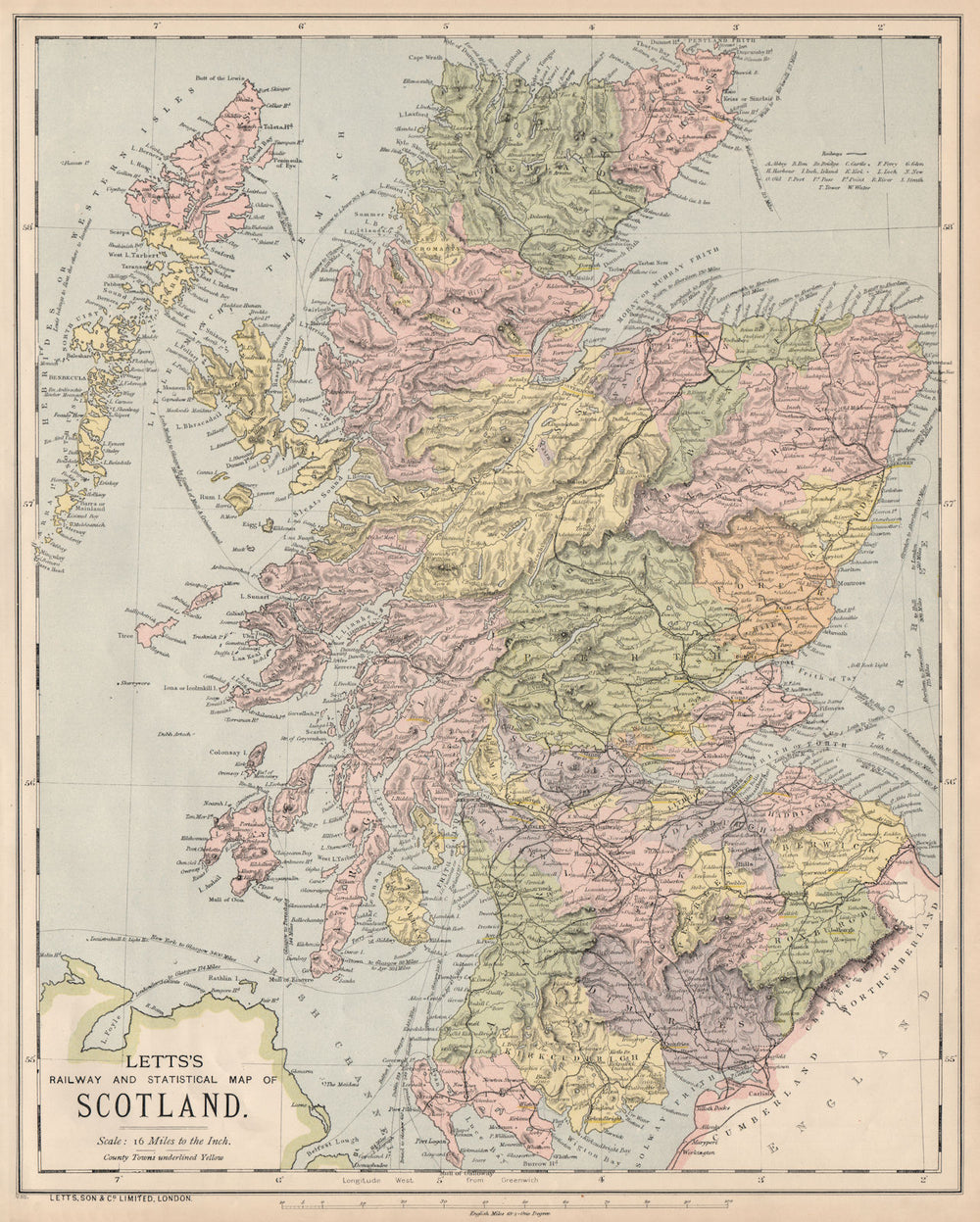SCOTLAND. General map showing counties & railways. LETTS 1889 old antique