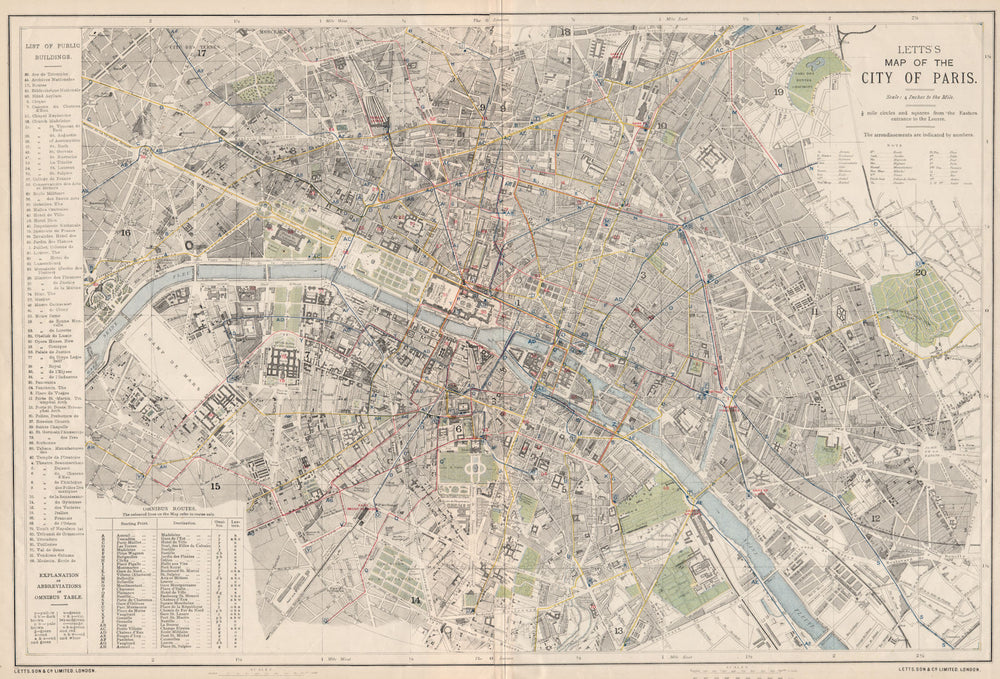 PARIS antique town city map plan. Omnibus routes. LARGE. LETTS 1889 old
