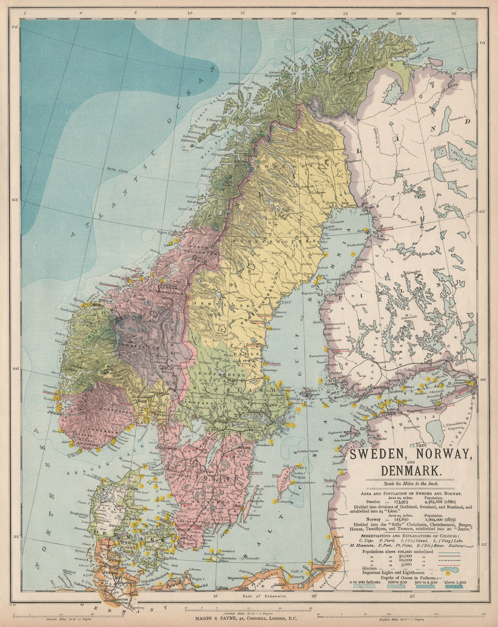 SCANDINAVIA Sweden Norway Denmark Baltic. Lighthouses. Glaciers. LETTS 1889 map