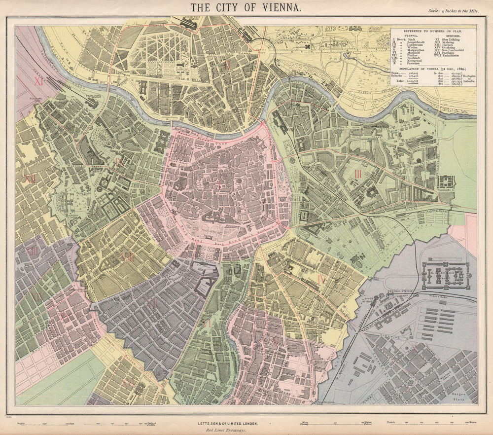 VIENNA WIEN antique town city map plan. Tramways in red. LETTS 1889 old