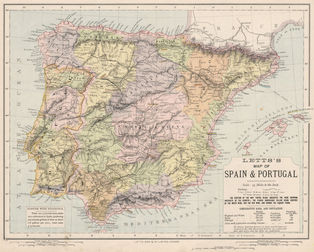 SPAIN & PORTUGAL showing red & white white & liqueur regions. LETTS 1889 map
