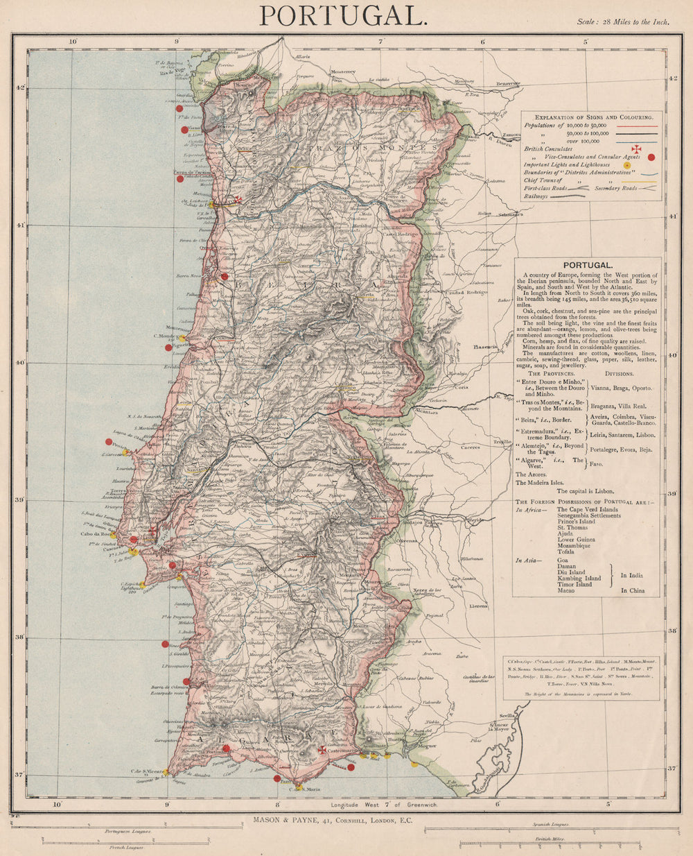 PORTUGAL. Railways Telegraphs Lighthouses British Consuls. LETTS 1889 old map