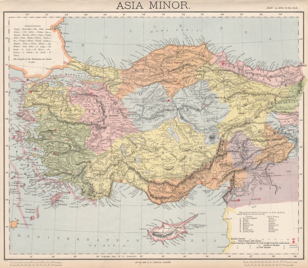 TURKEY. Asia Minor vilayets. Dodecanese. British Consuls. Cyprus. LETTS 1889 map