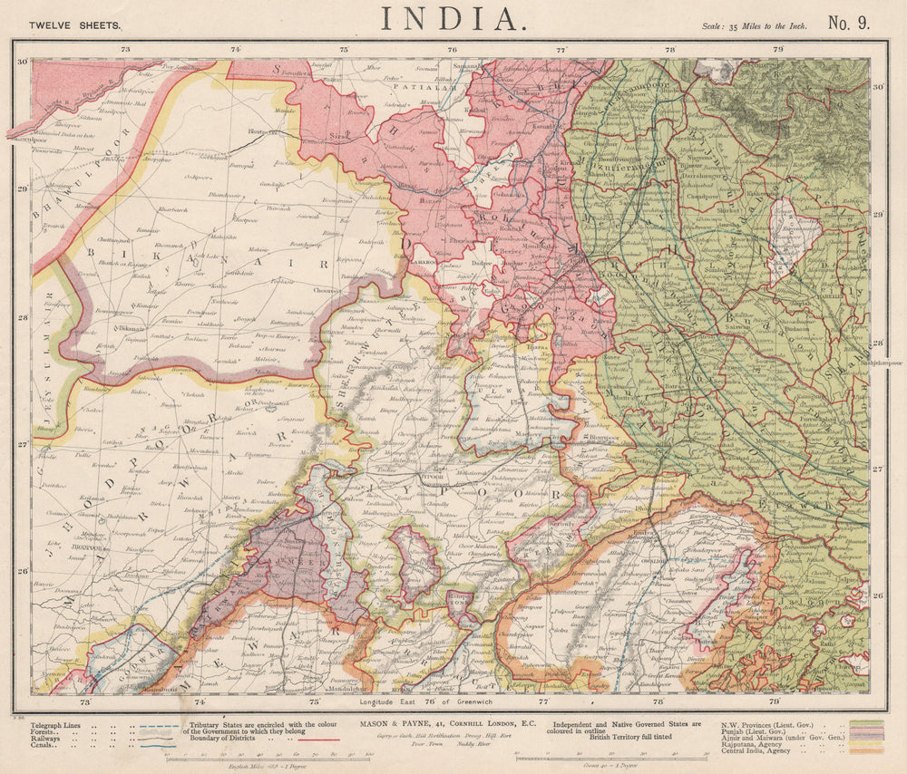 RAJASTHAN British India Delhi Jaipur Jodhpur Ajmer Agra. Railways LETTS 1889 map