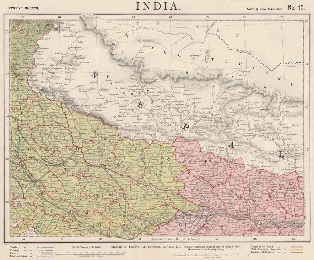 NEPAL & NORTHERN INDIA. Ganges Lucknow Kanpur Varanasi. Railways. LETTS 1889 map