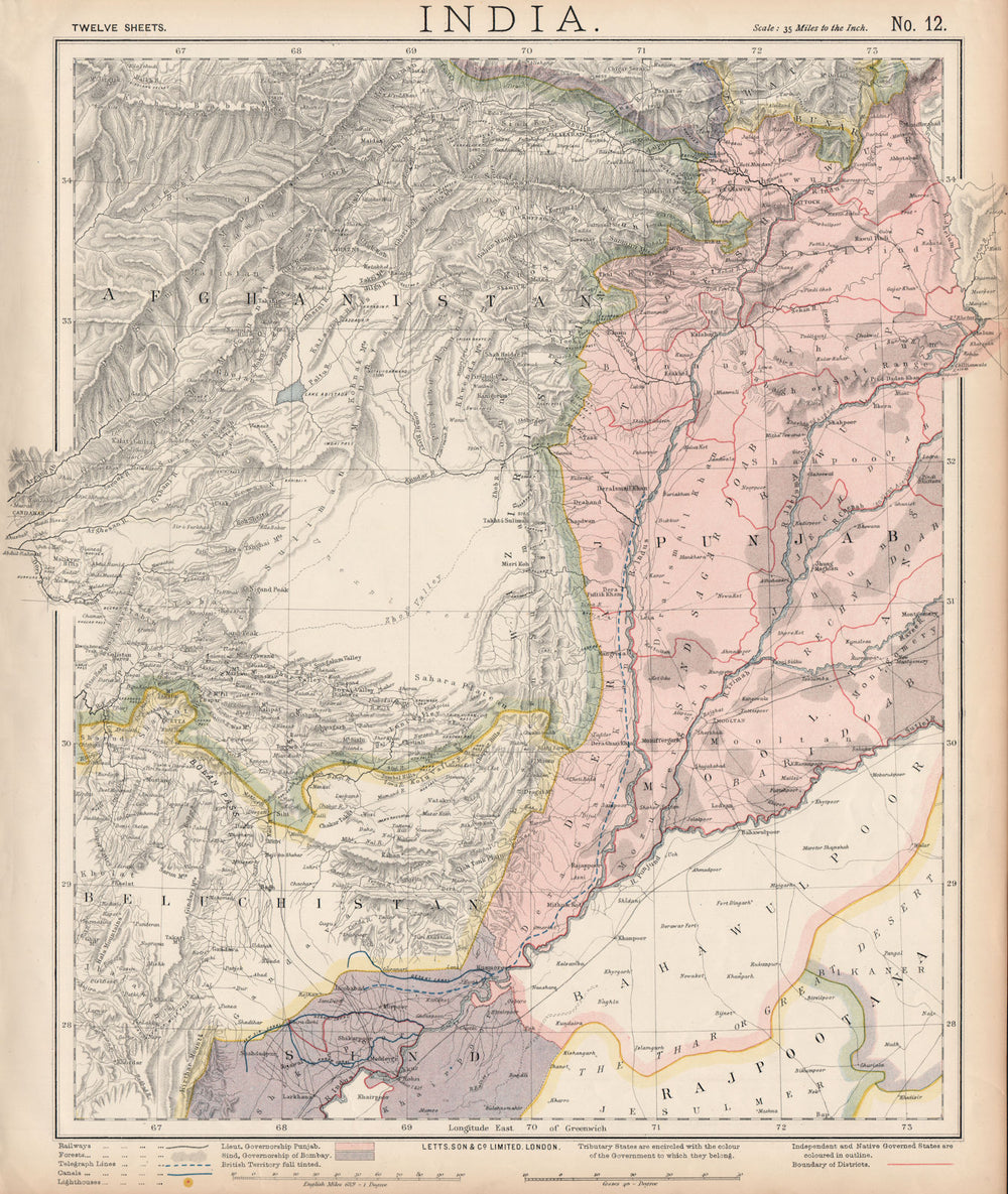 PAKISTAN & AFGHANISTAN. Punjab Beluchistan Sinde. British India. LETTS 1889 map