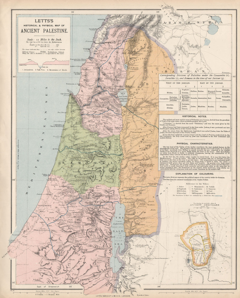 ANCIENT PALESTINE Samaria Galilee Pera Judaea. Ancient Jerusalem. LETTS 1889 map