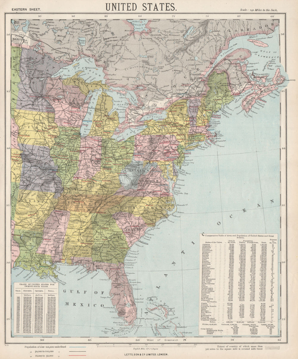 EASTERN UNITED STATES. Railroads. Population table.LETTS 1889 old antique map