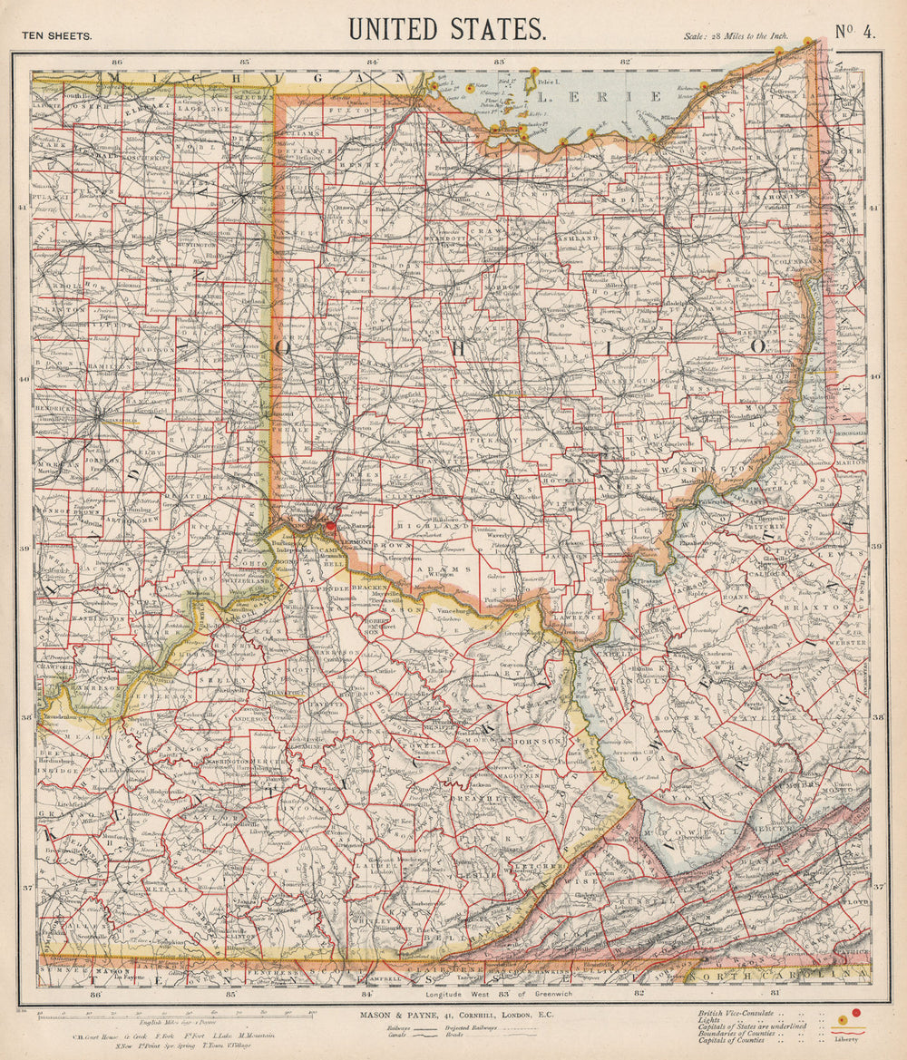USA. Ohio with parts of Kentucky, Virginia & Indiana. Railroads. LETTS 1889 map