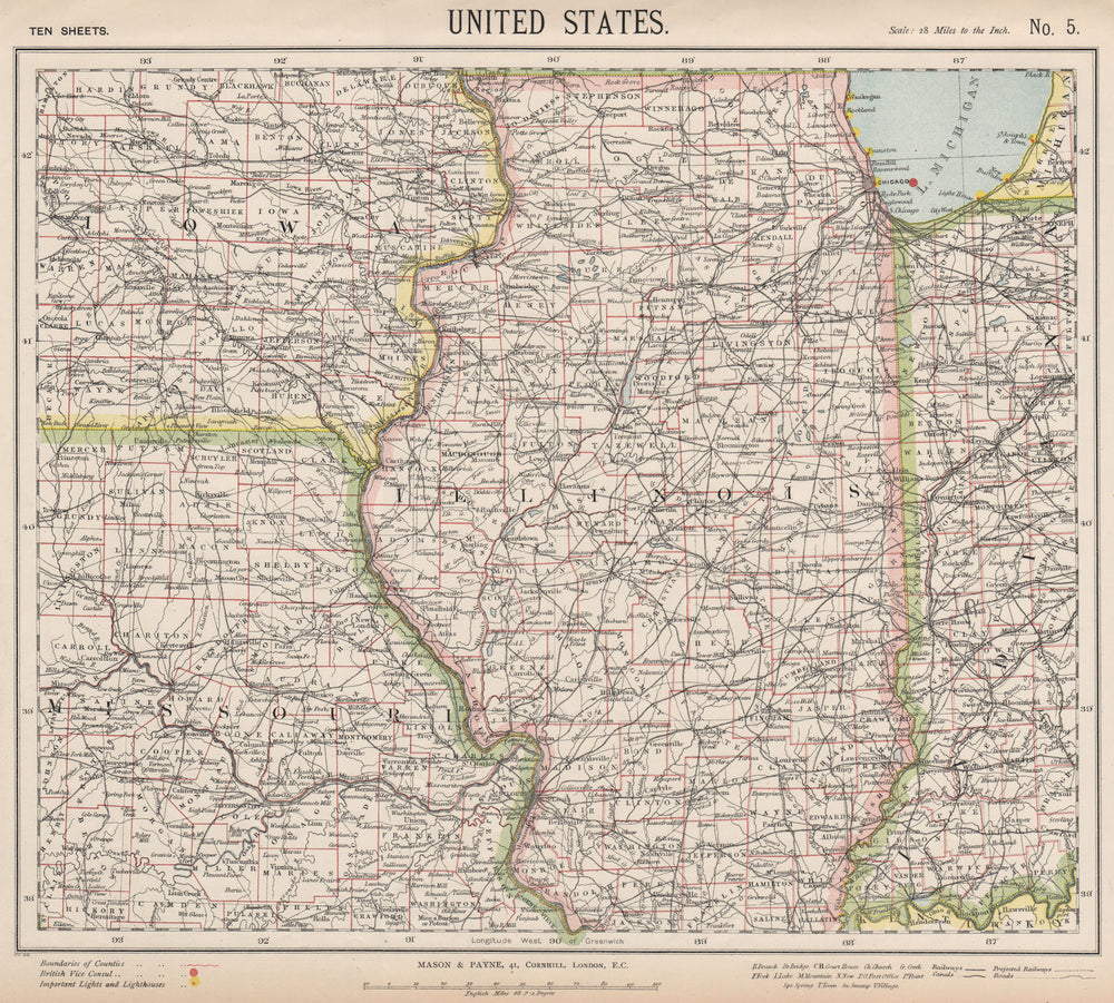 US MIDWEST. Missouri Illinois Indiana Iowa Chicago. Railroads. LETTS 1889 map