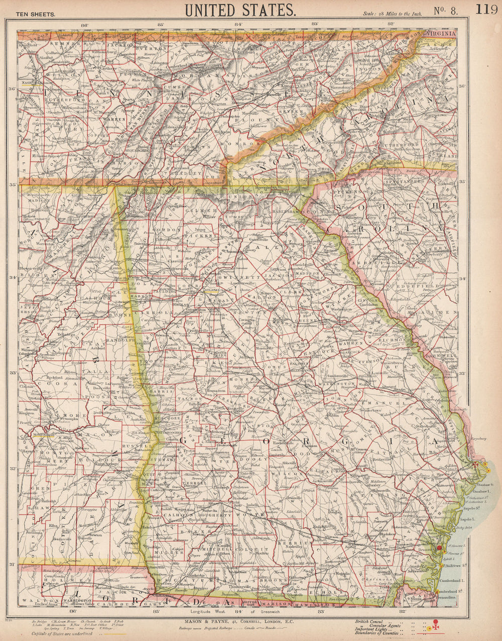 GEORGIA & Southern Appalachia. Alabama Tennessee NC SC Railroads. LETTS 1889 map