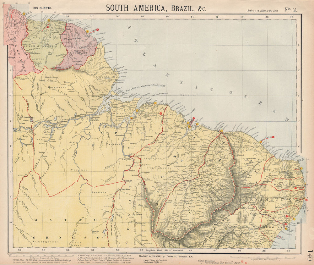 NORTH BRAZIL & GUYANAS. Lighthouses. Graopara Surinam Natal. LETTS 1889 map