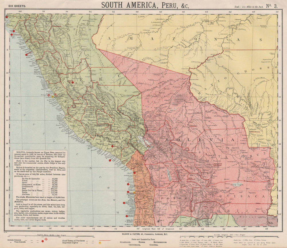BOLIVIA PERU Amazonas Chile. Lighthouses British Consuls. LETTS 1889 old map